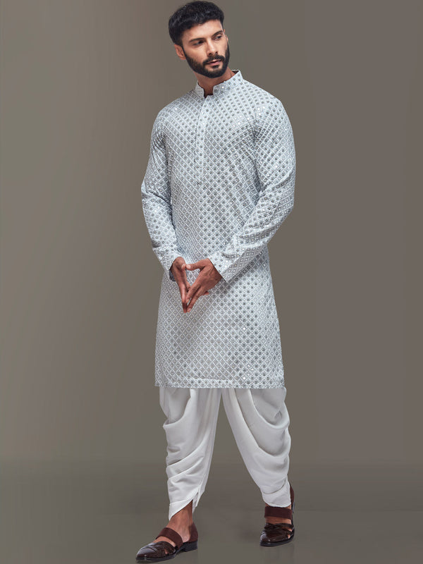 Men Greyish Silver Kurta Enriched with Threadwork and Sequence