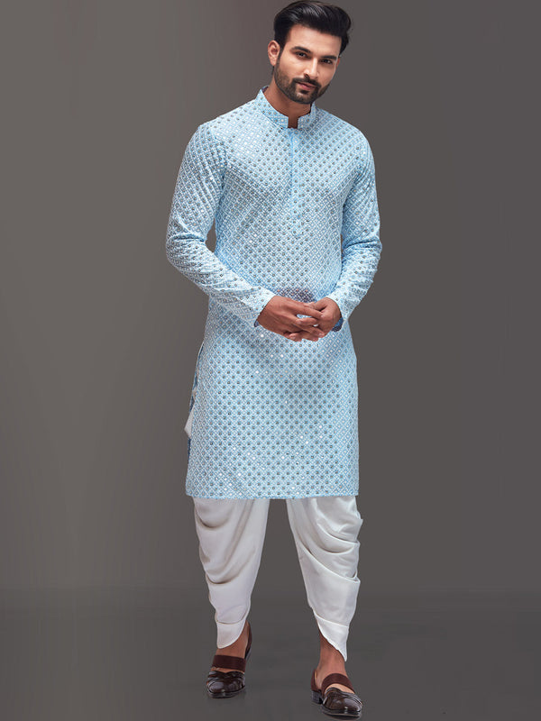 Men Sky Blue Kurta with Superb Threadwork and Sequence