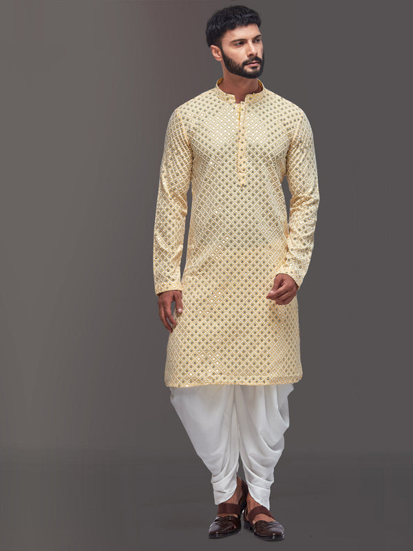 Beautiful Light Yellow Threadwork Traditional Kurta For Men