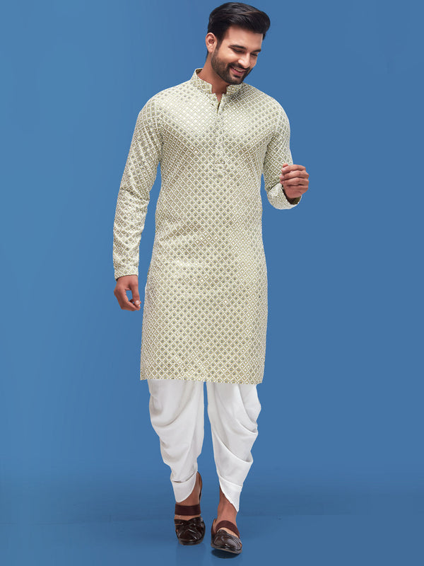 Dashing Mint Green Kurta in Cotton Silk with Heavy Work