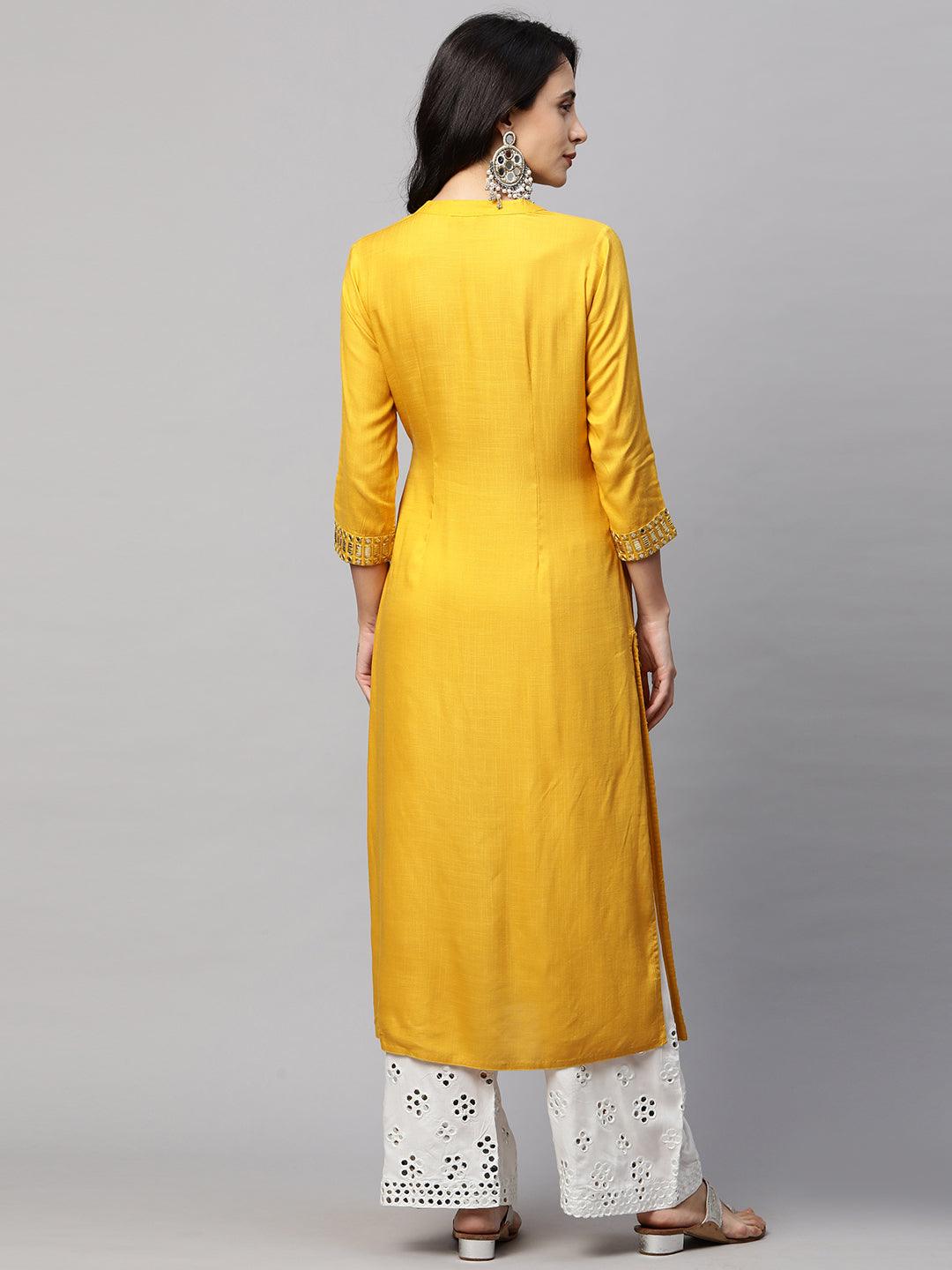 Ethnic Foil Mirror Embroidered Straight Kurta - Mustard - Indiakreations