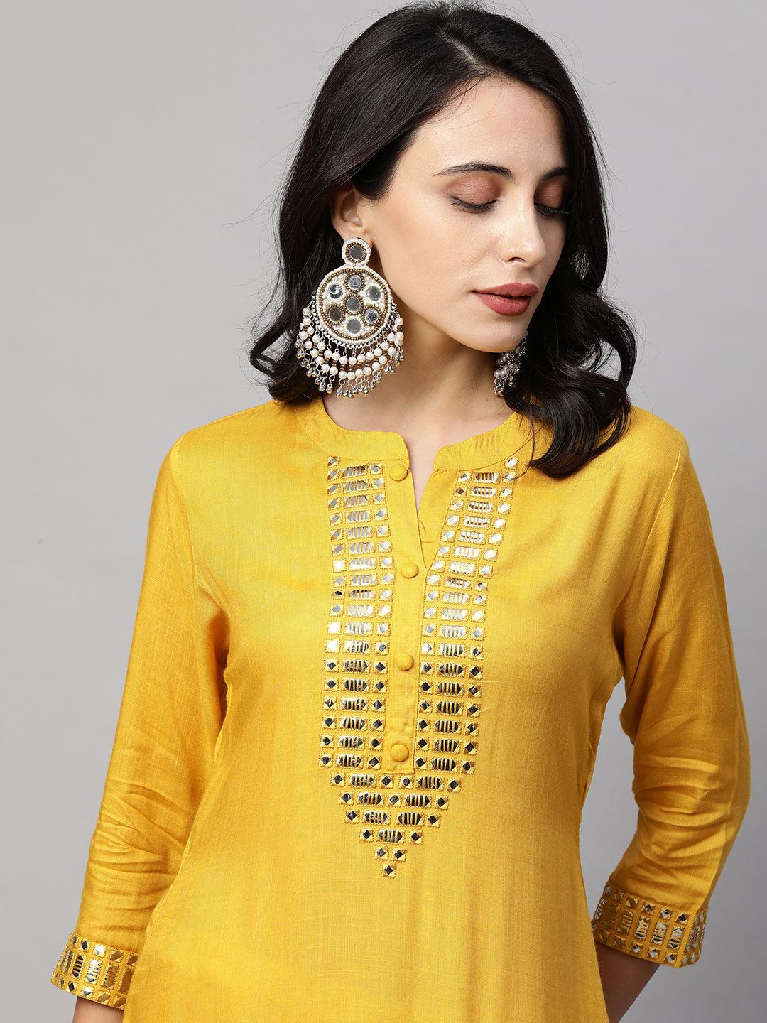 Ethnic Foil Mirror Embroidered Straight Kurta - Mustard - Indiakreations