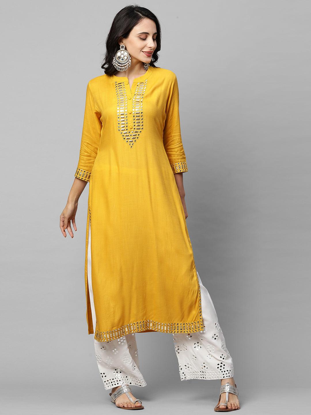 Ethnic Foil Mirror Embroidered Straight Kurta - Mustard - Indiakreations