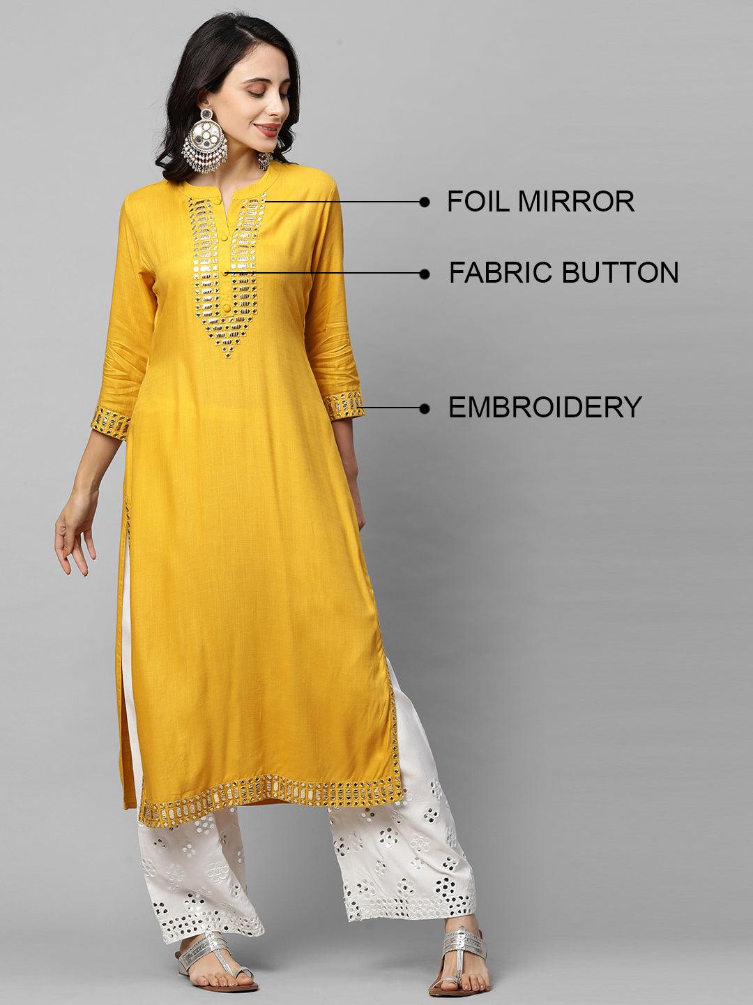 Ethnic Foil Mirror Embroidered Straight Kurta - Mustard - Indiakreations