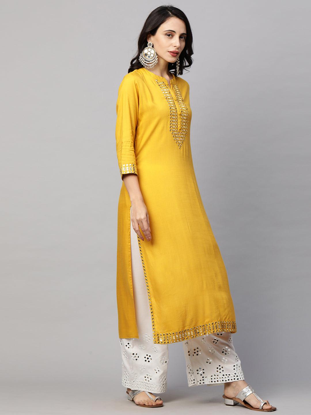 Ethnic Foil Mirror Embroidered Straight Kurta - Mustard - Indiakreations