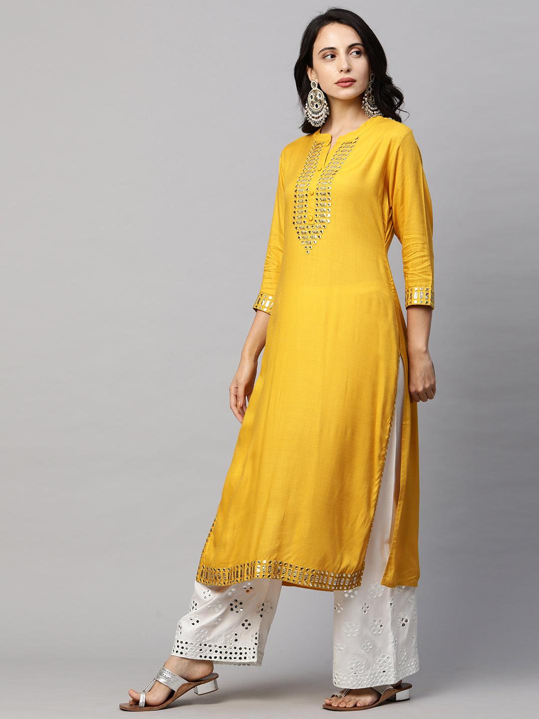 Ethnic Foil Mirror Embroidered Straight Kurta - Mustard - Indiakreations