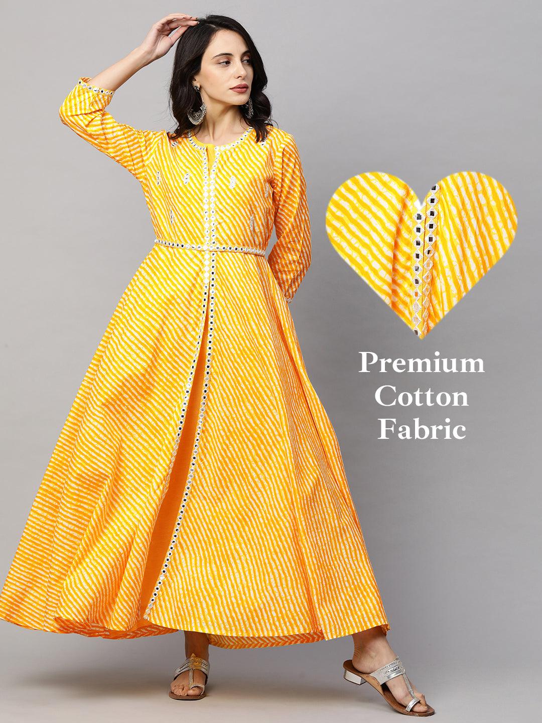 Leheriya Printed A-Line Front Slit Maxi with Embroidered Belt - Yellow - Indiakreations