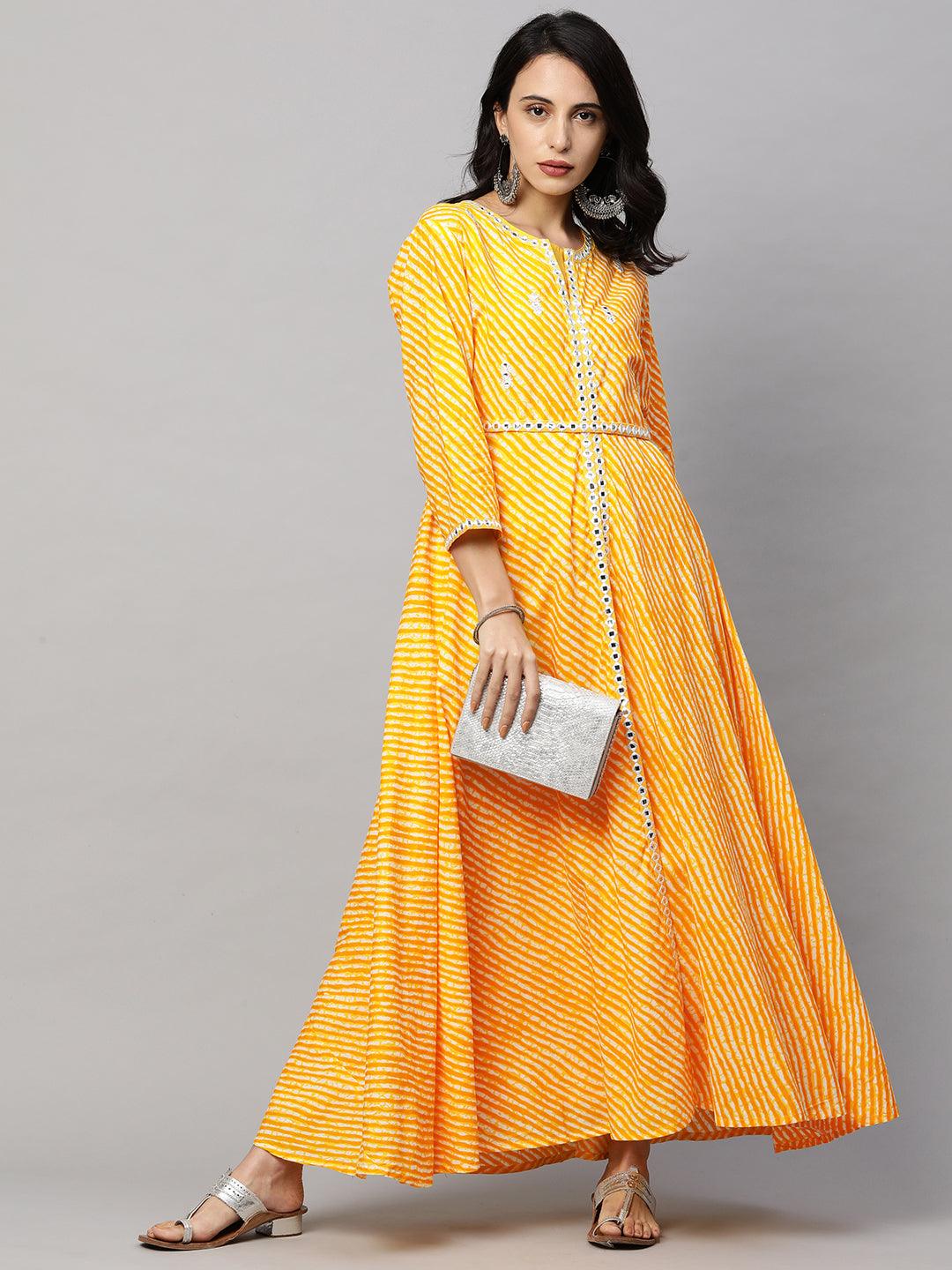 Leheriya Printed A-Line Front Slit Maxi with Embroidered Belt - Yellow - Indiakreations