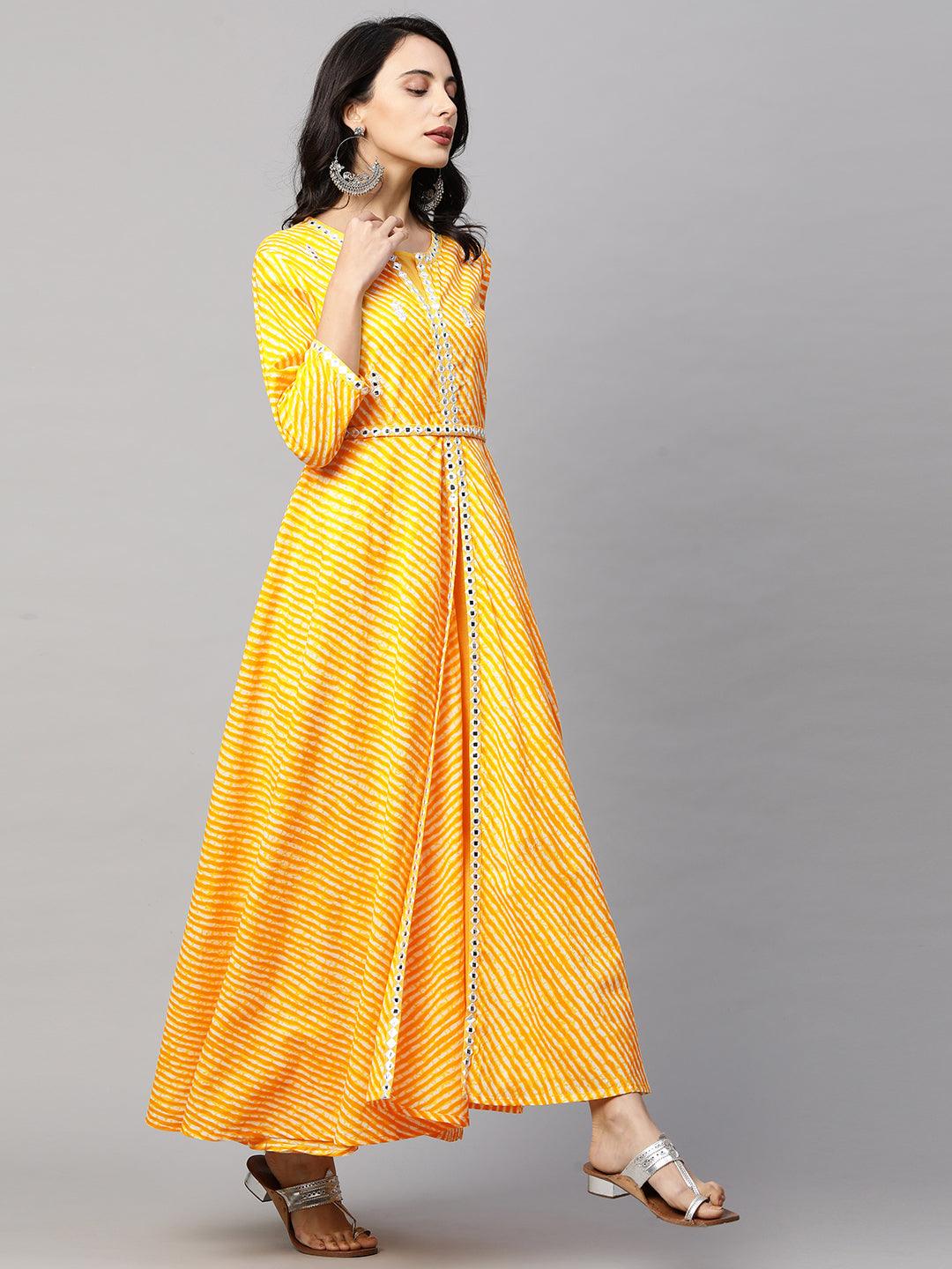 Leheriya Printed A-Line Front Slit Maxi with Embroidered Belt - Yellow - Indiakreations