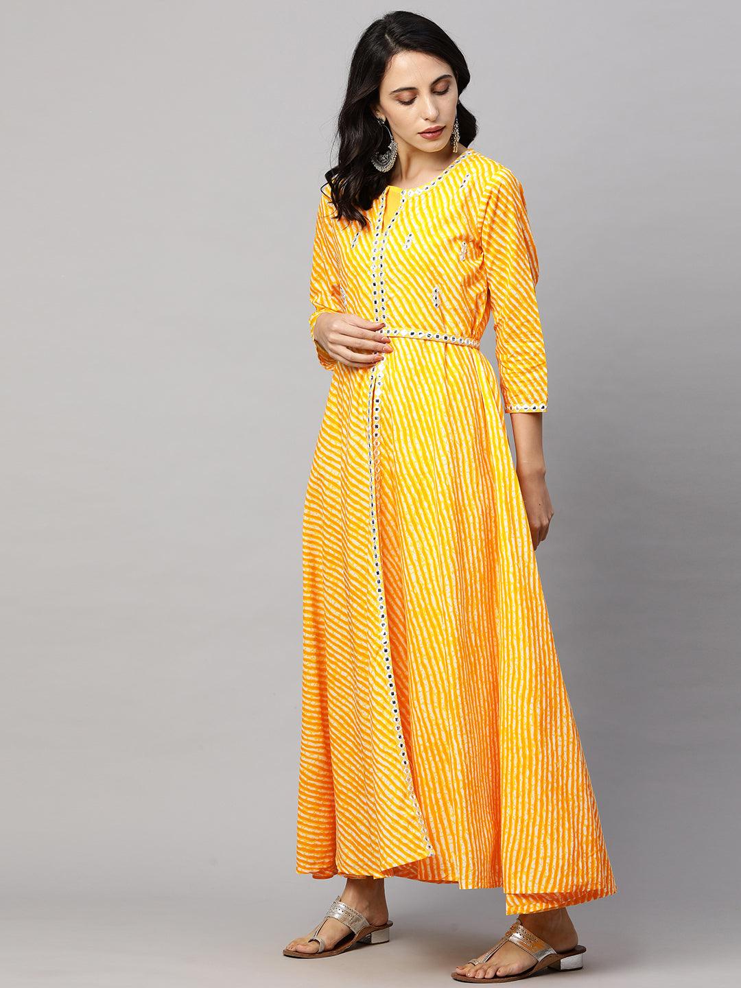 Leheriya Printed A-Line Front Slit Maxi with Embroidered Belt - Yellow - Indiakreations