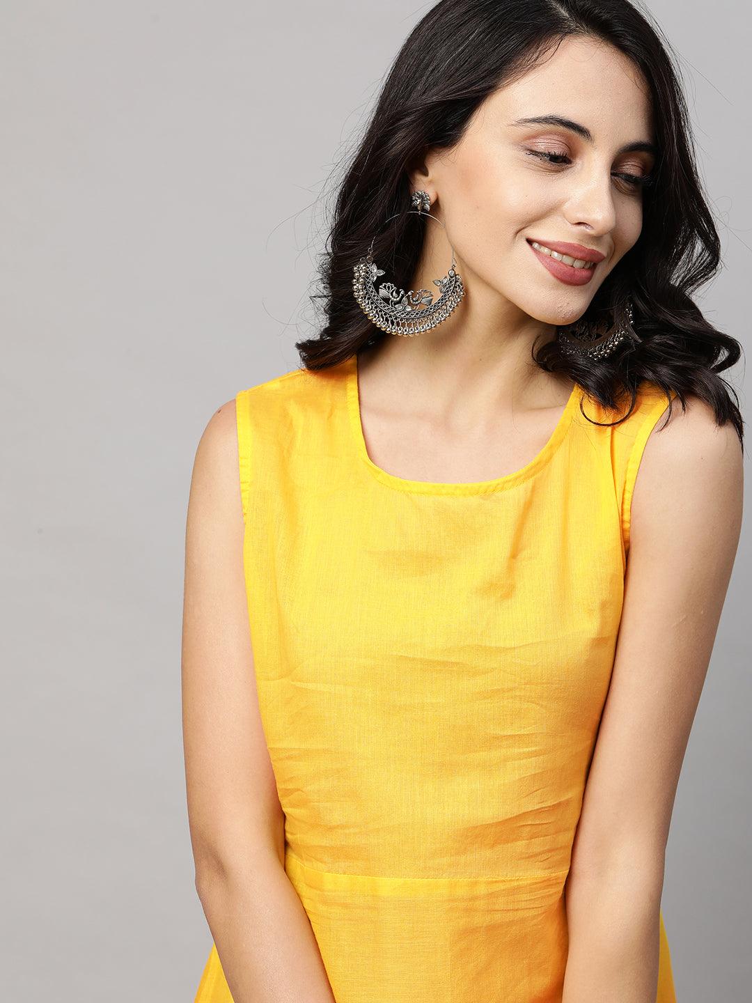 Leheriya Printed A-Line Front Slit Maxi with Embroidered Belt - Yellow - Indiakreations