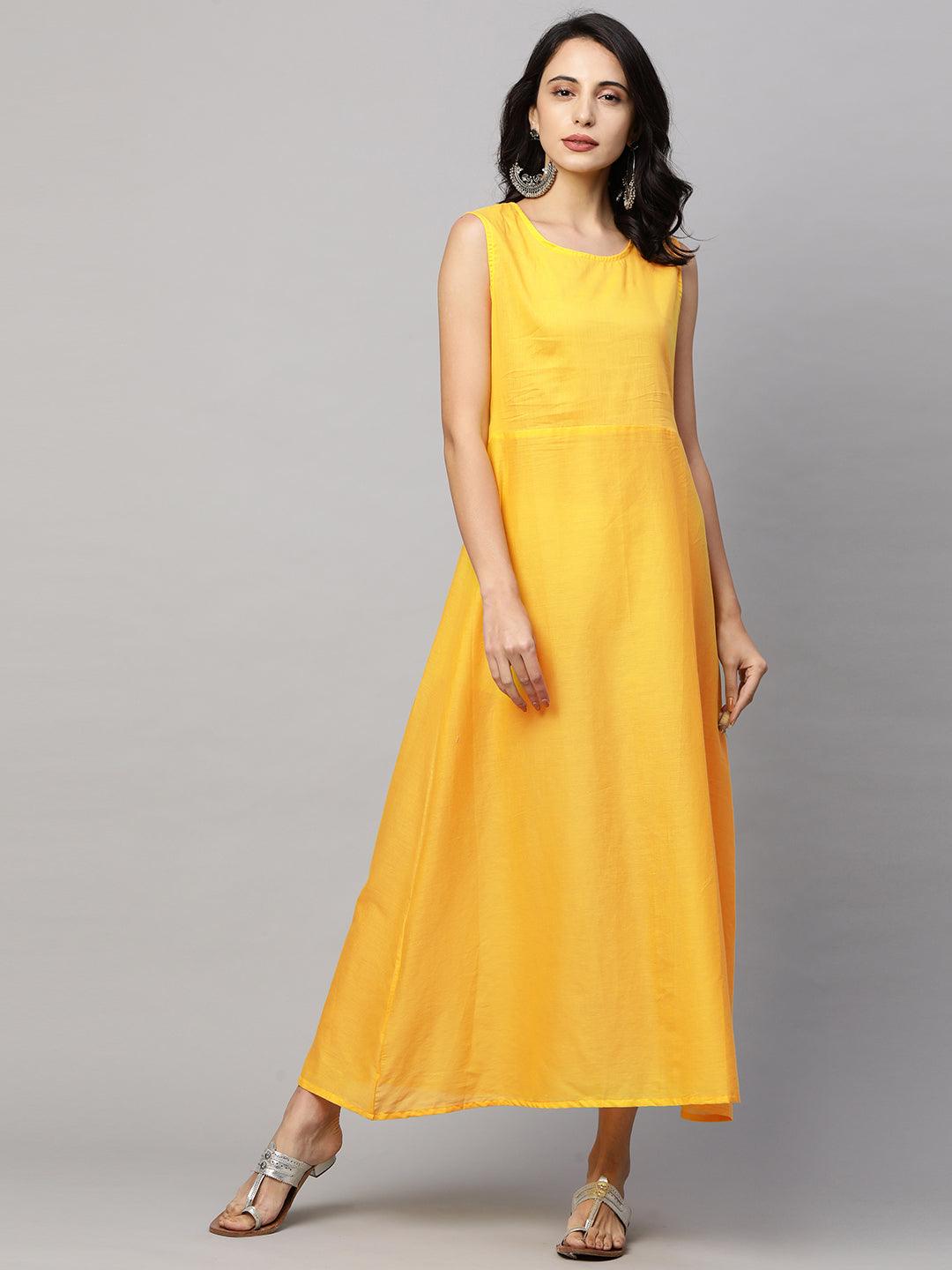 Leheriya Printed A-Line Front Slit Maxi with Embroidered Belt - Yellow - Indiakreations