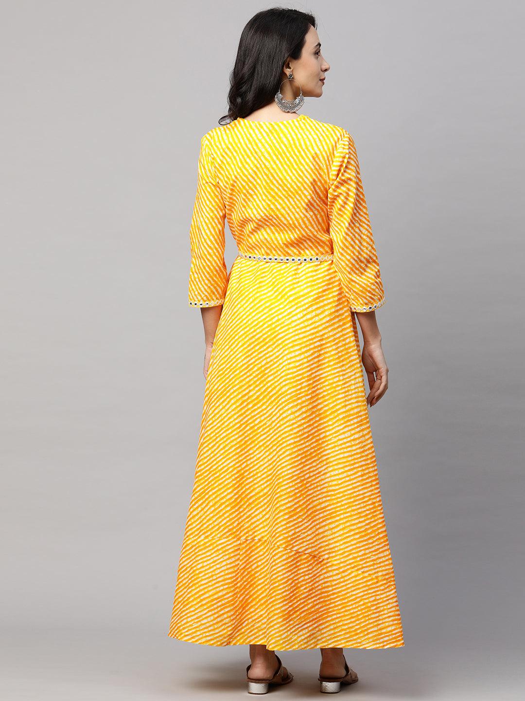 Leheriya Printed A-Line Front Slit Maxi with Embroidered Belt - Yellow - Indiakreations