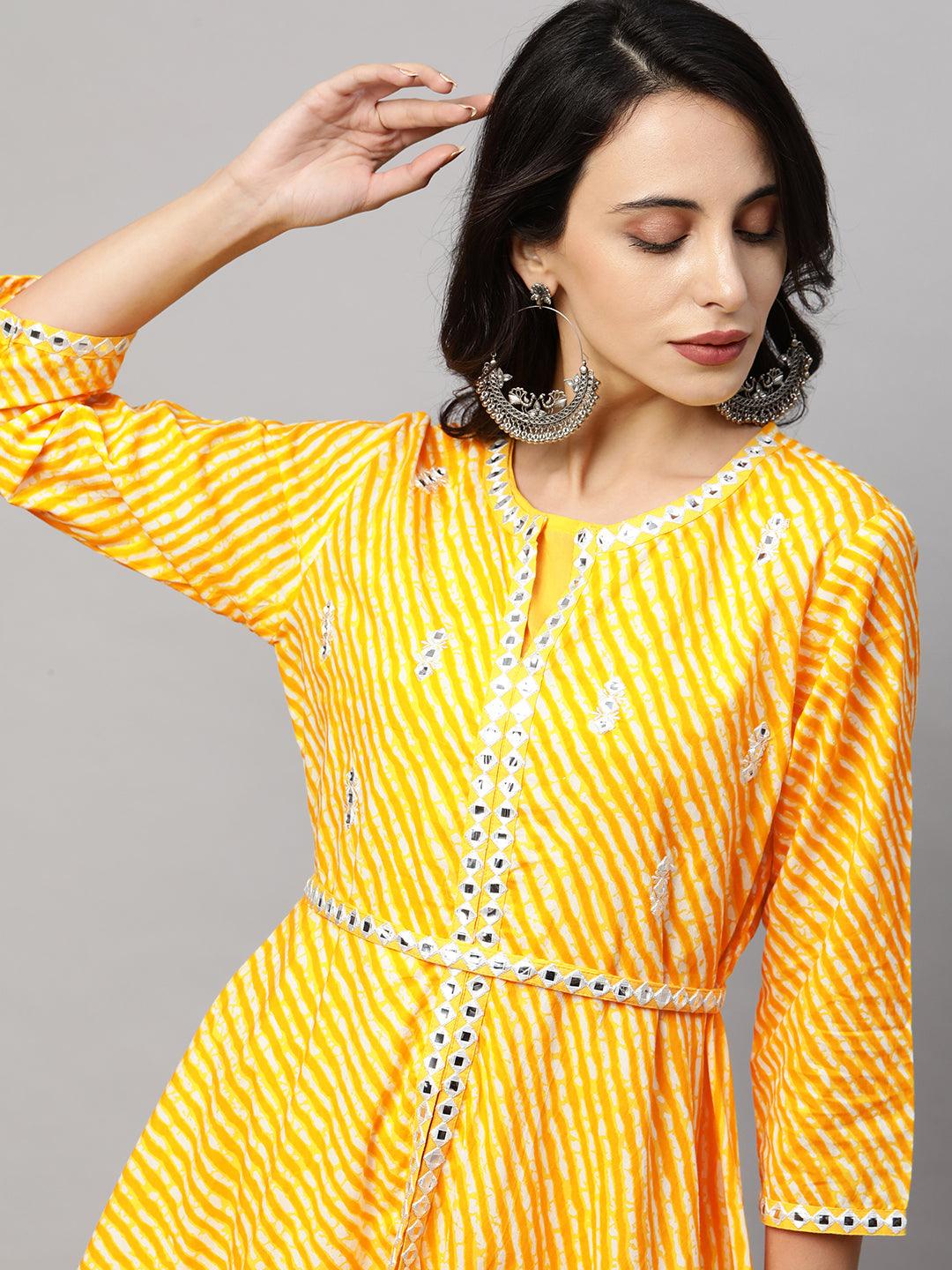 Leheriya Printed A-Line Front Slit Maxi with Embroidered Belt - Yellow - Indiakreations