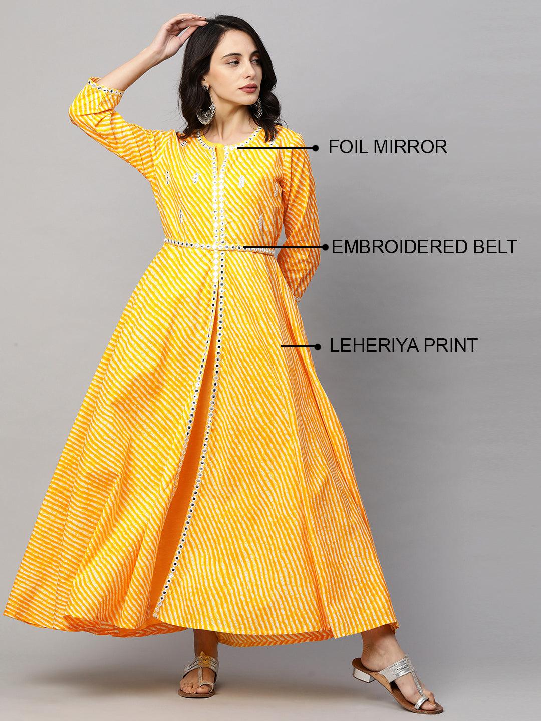 Leheriya Printed A-Line Front Slit Maxi with Embroidered Belt - Yellow - Indiakreations