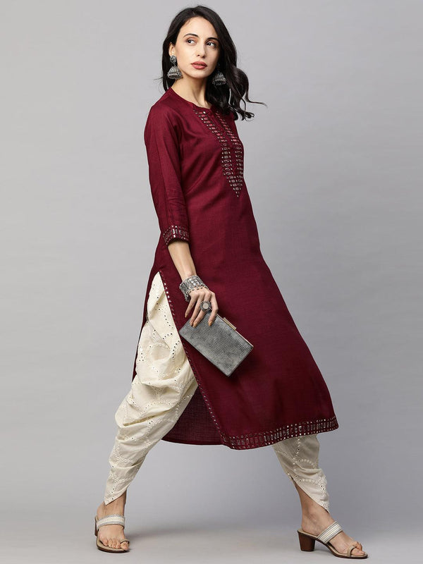 Ethnic Foil Mirror Embroidered Straight Kurta - Burgundy - Indiakreations