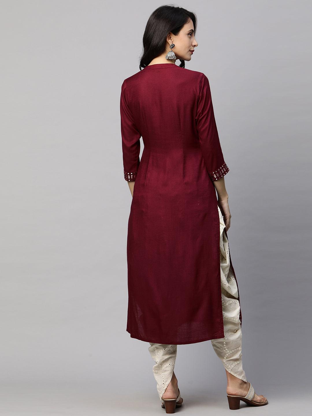 Ethnic Foil Mirror Embroidered Straight Kurta - Burgundy - Indiakreations