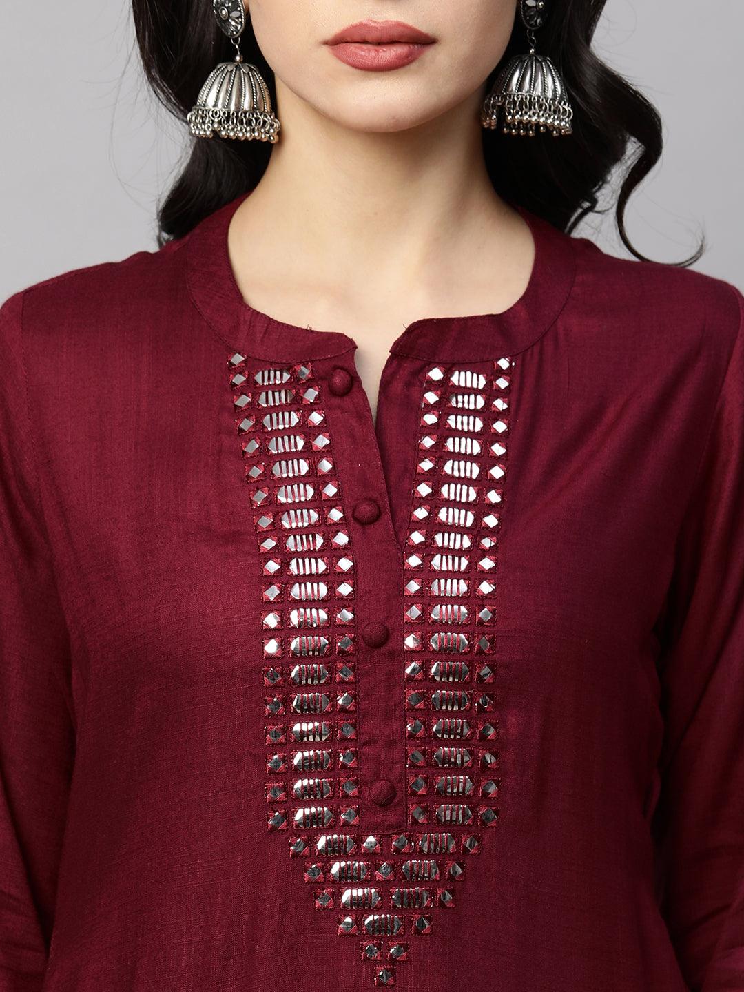 Ethnic Foil Mirror Embroidered Straight Kurta - Burgundy - Indiakreations