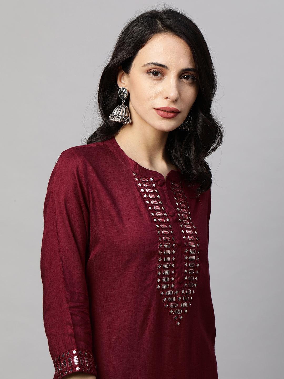 Ethnic Foil Mirror Embroidered Straight Kurta - Burgundy - Indiakreations