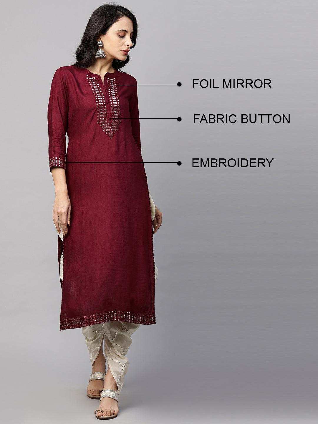 Ethnic Foil Mirror Embroidered Straight Kurta - Burgundy - Indiakreations