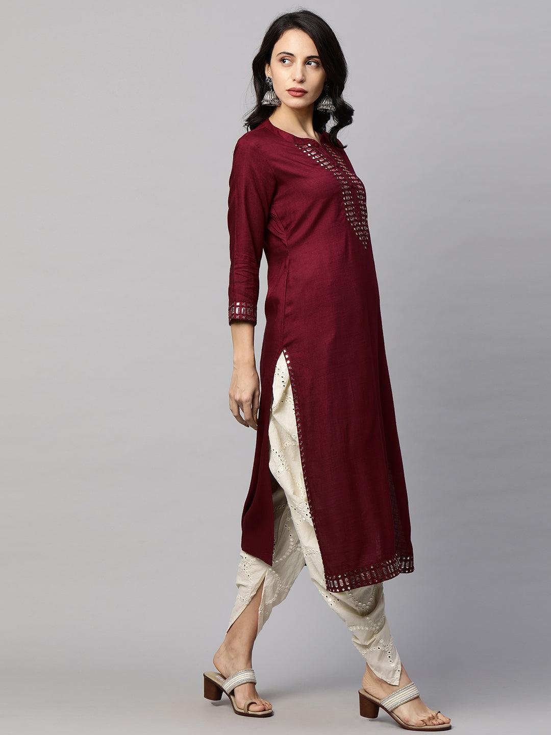 Ethnic Foil Mirror Embroidered Straight Kurta - Burgundy - Indiakreations