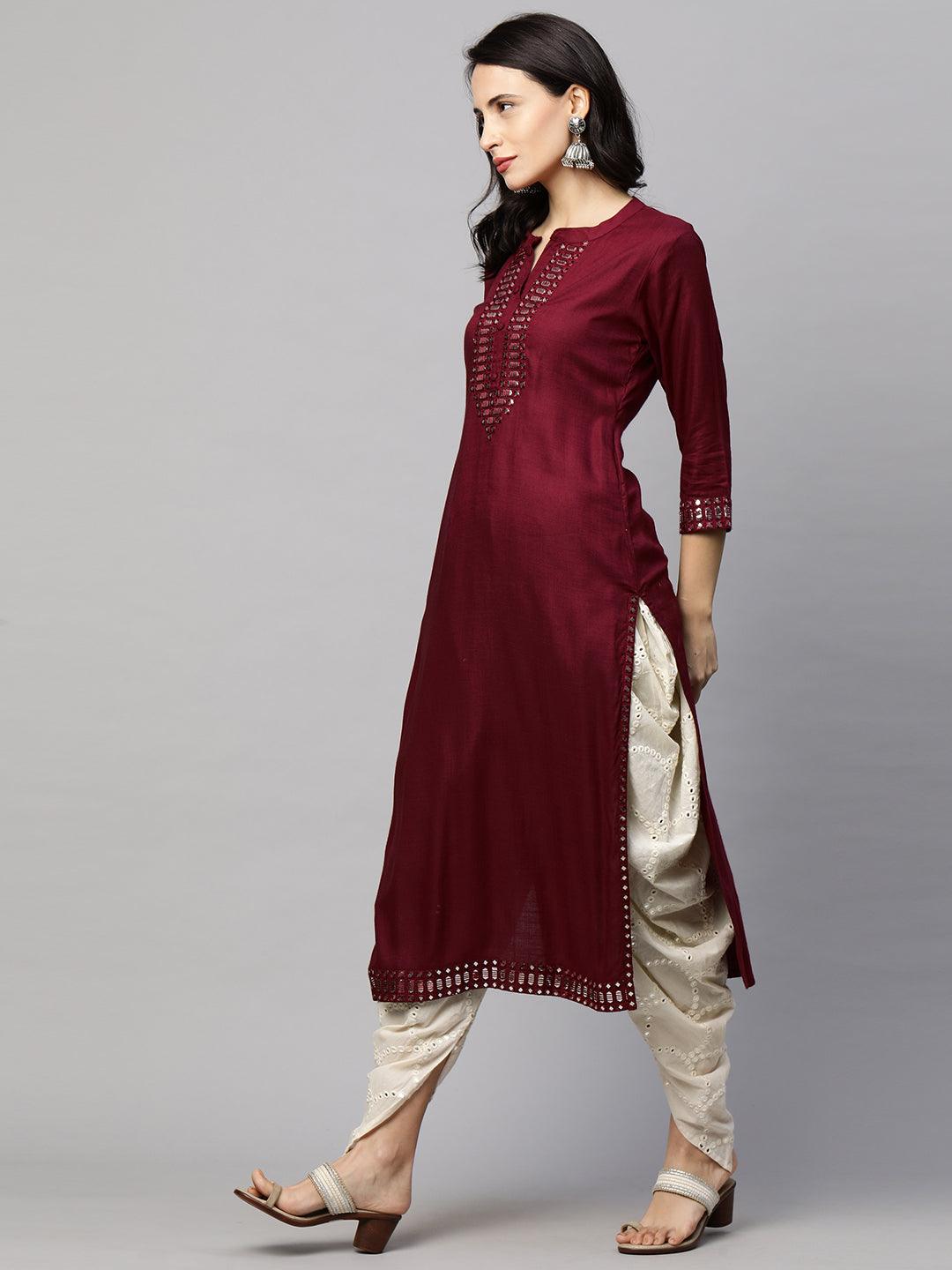 Ethnic Foil Mirror Embroidered Straight Kurta - Burgundy - Indiakreations