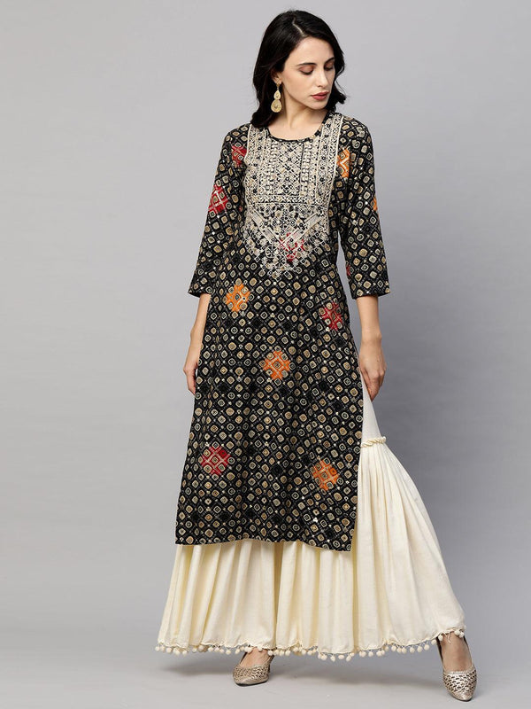 Ethnic Embroidered & Printed Straight Kurta - Black - Indiakreations