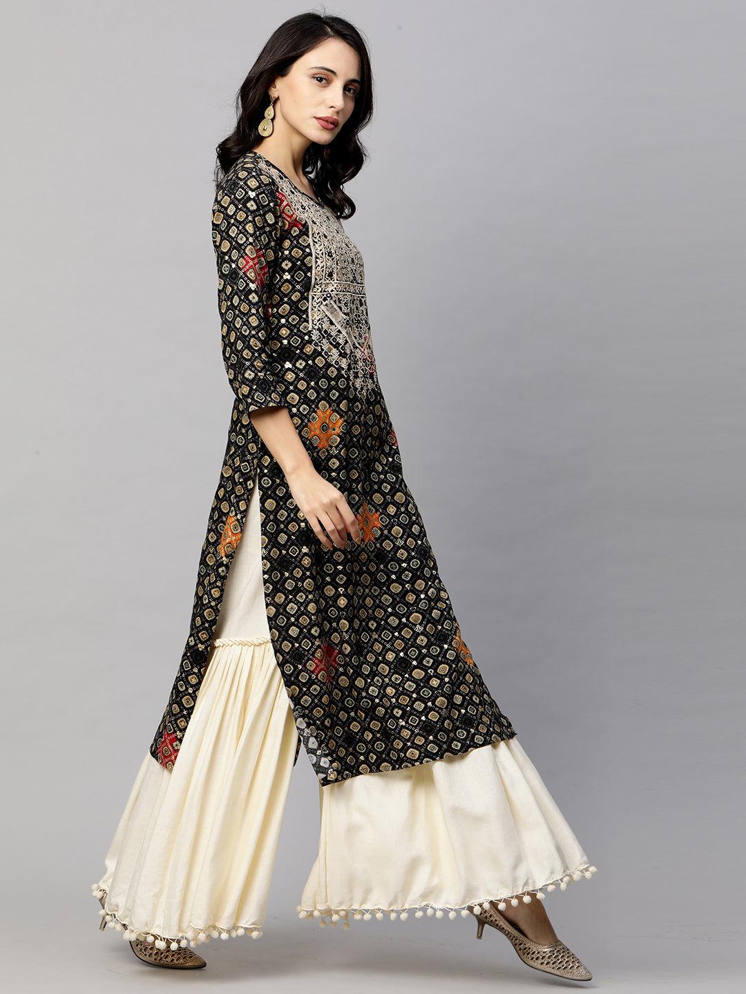 Ethnic Embroidered & Printed Straight Kurta - Black - Indiakreations