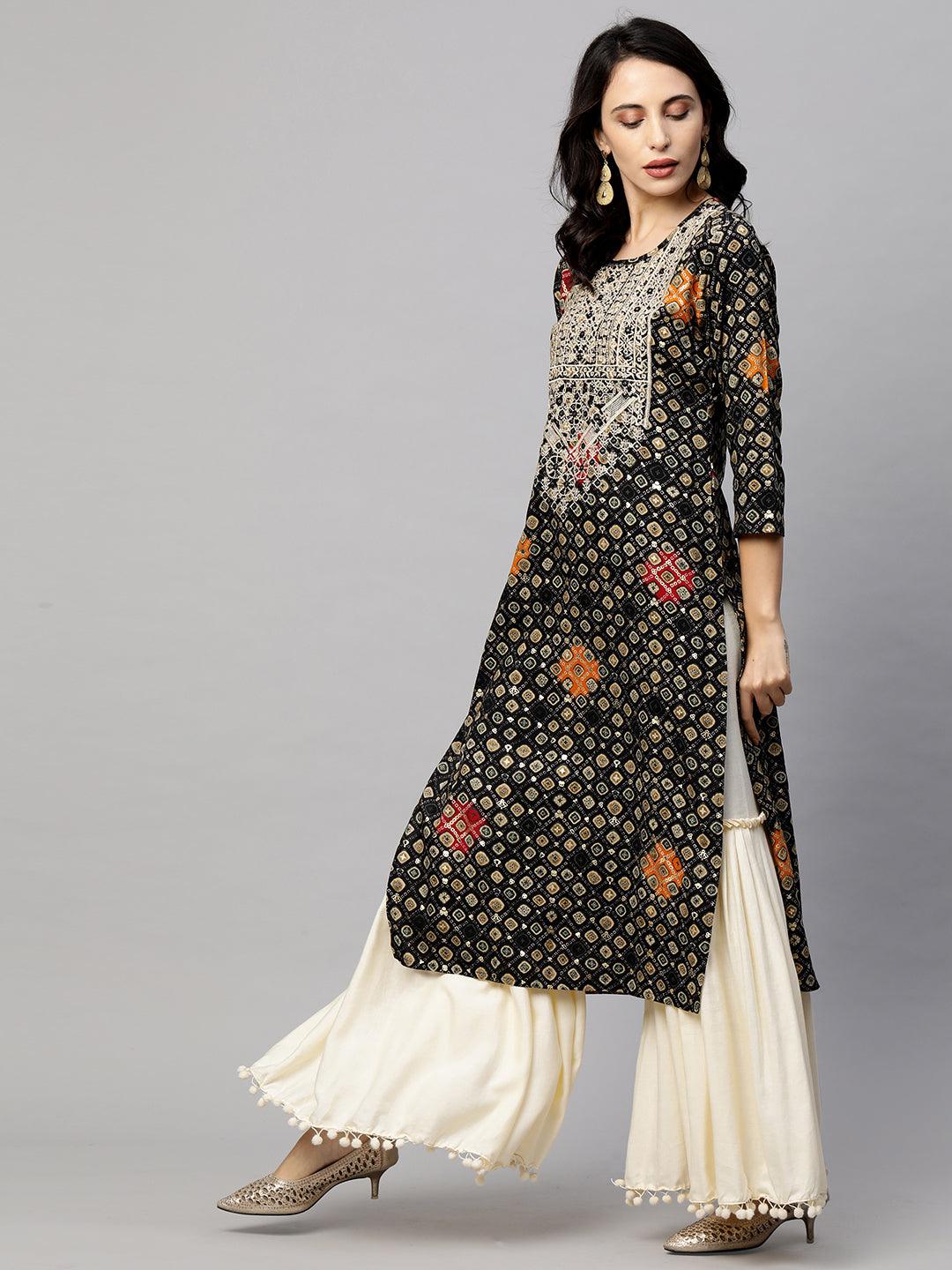 Ethnic Embroidered & Printed Straight Kurta - Black - Indiakreations