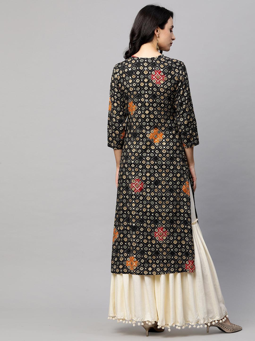 Ethnic Embroidered & Printed Straight Kurta - Black - Indiakreations