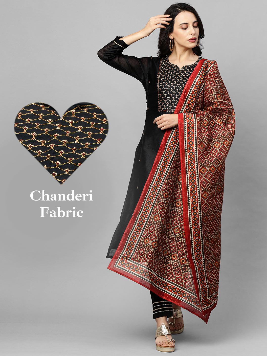 Ethnic Embroidered Straight Kurta with Ethnic Printed Dupatta - Black - Indiakreations