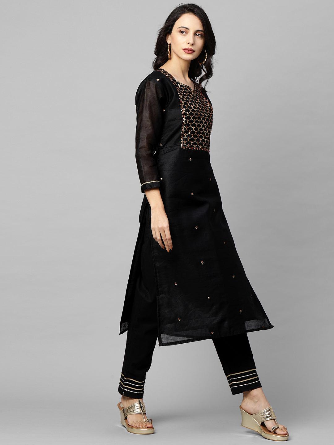 Ethnic Embroidered Straight Kurta with Ethnic Printed Dupatta - Black - Indiakreations