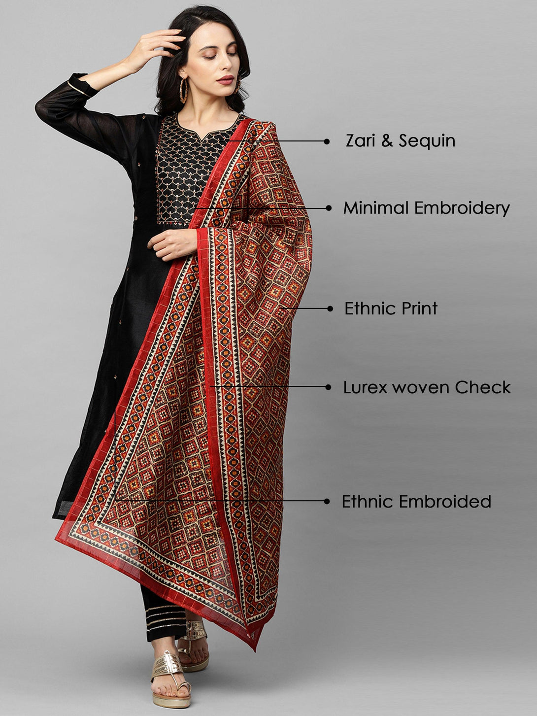 Ethnic Embroidered Straight Kurta with Ethnic Printed Dupatta - Black - Indiakreations