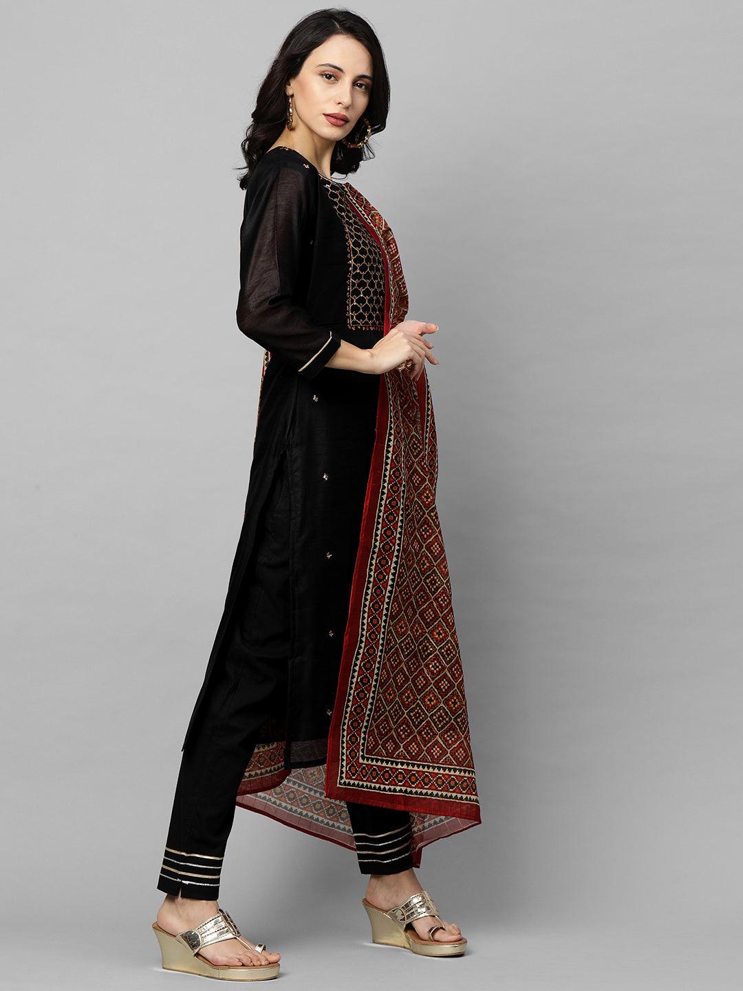 Ethnic Embroidered Straight Kurta with Ethnic Printed Dupatta - Black - Indiakreations