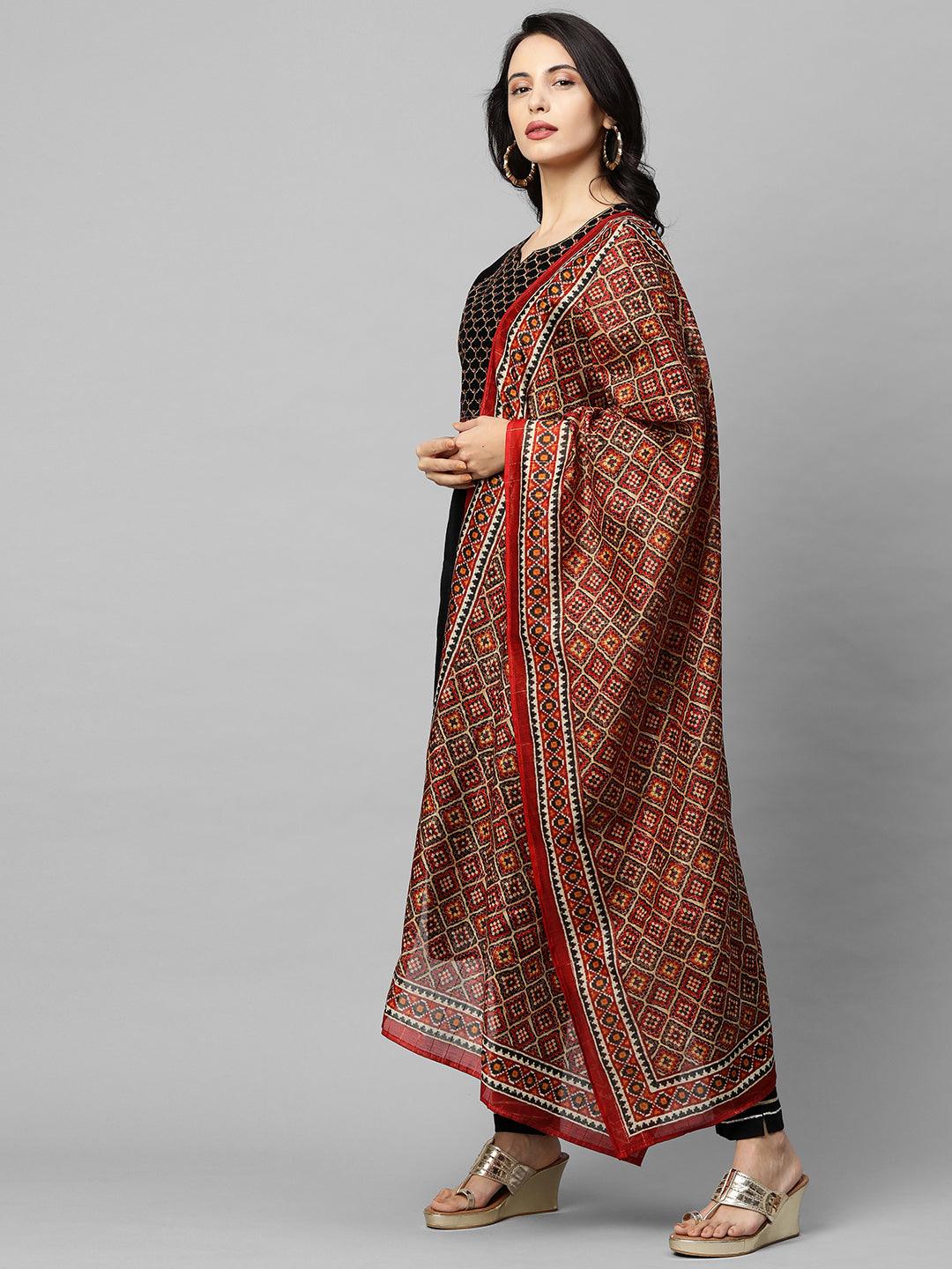 Ethnic Embroidered Straight Kurta with Ethnic Printed Dupatta - Black - Indiakreations