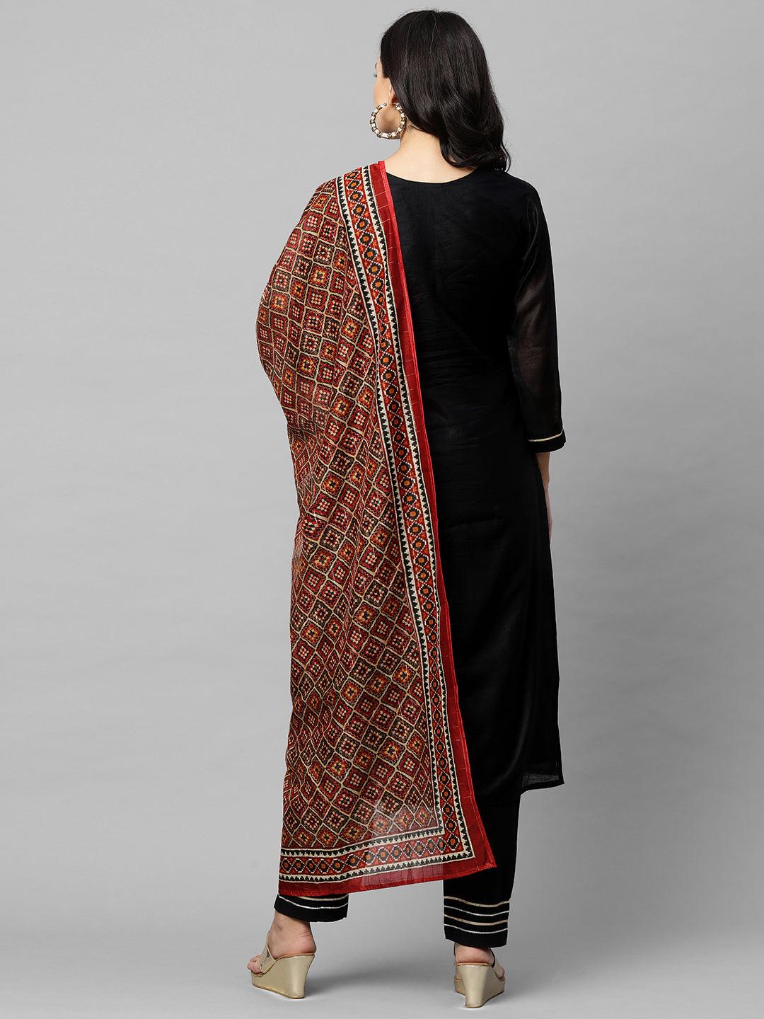 Ethnic Embroidered Straight Kurta with Ethnic Printed Dupatta - Black - Indiakreations