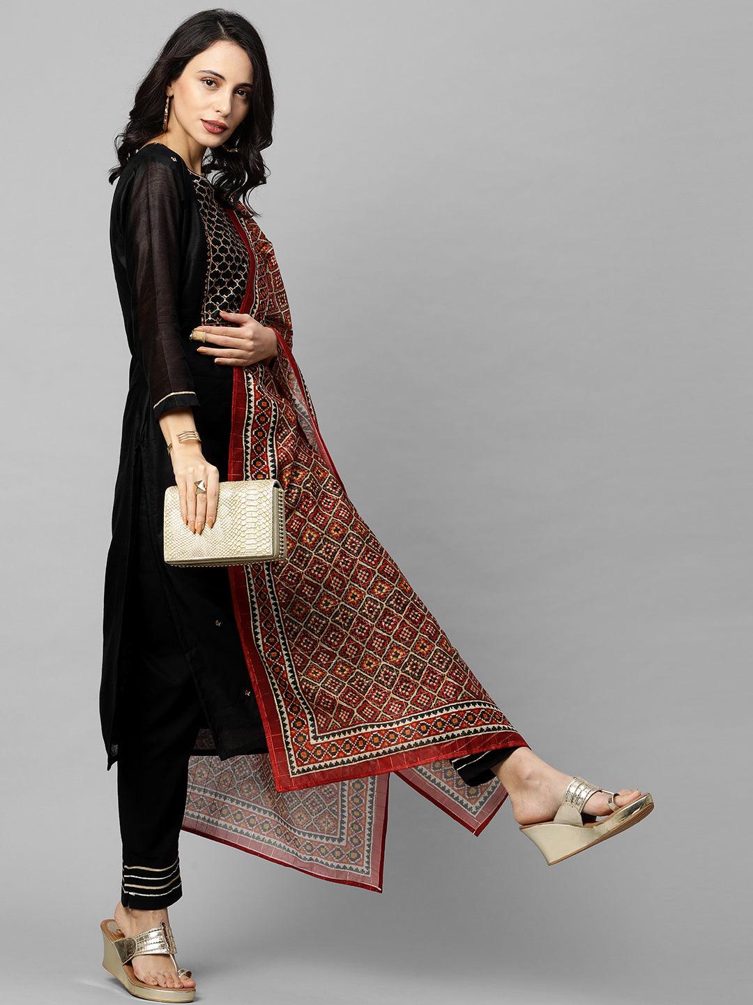 Ethnic Embroidered Straight Kurta with Ethnic Printed Dupatta - Black - Indiakreations