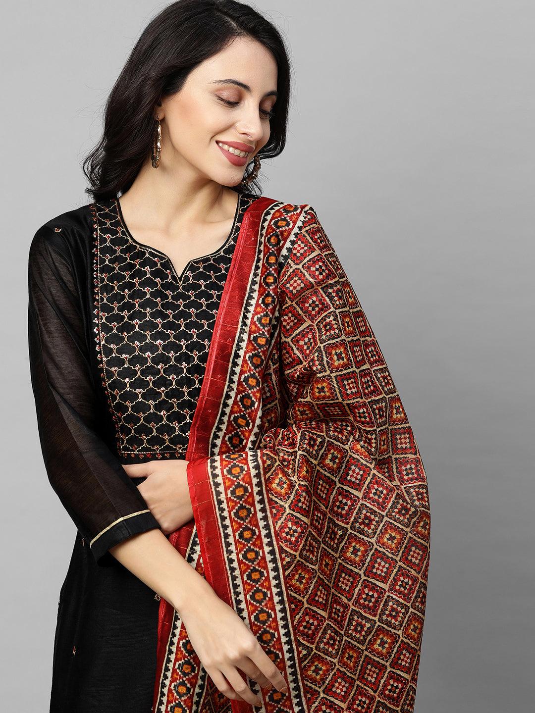 Ethnic Embroidered Straight Kurta with Ethnic Printed Dupatta - Black - Indiakreations