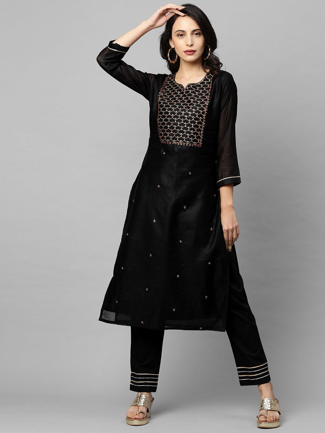 Ethnic Embroidered Straight Kurta with Ethnic Printed Dupatta - Black - Indiakreations