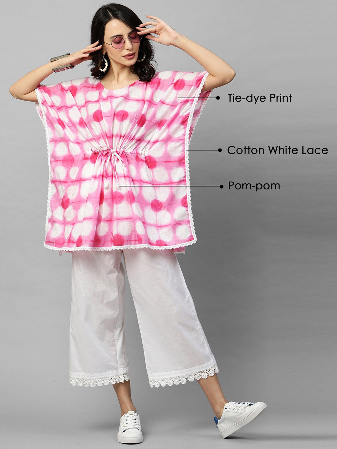 Tie-dye Printed Short Kaftan Top – Pink - Indiakreations