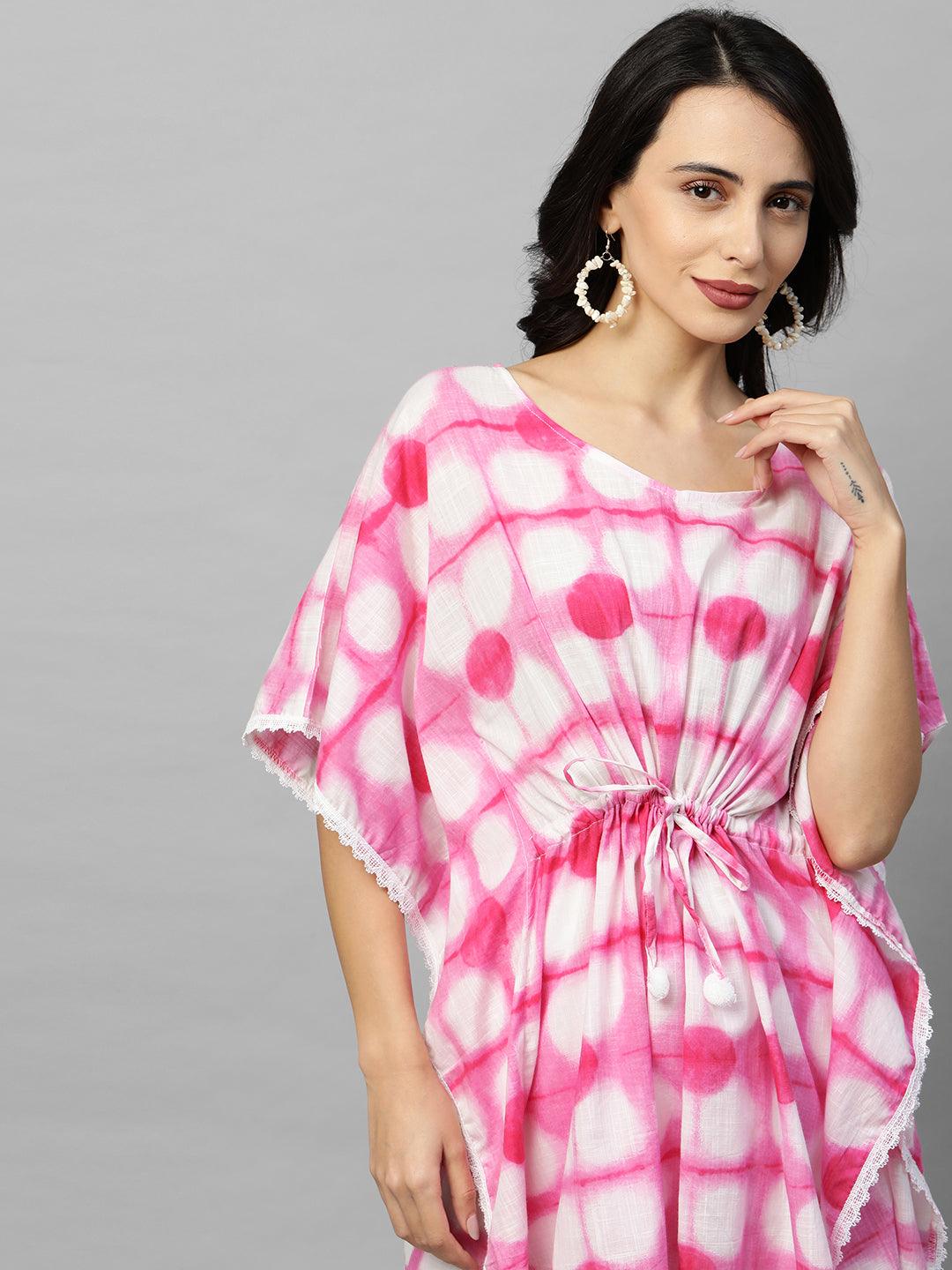 Tie-dye Printed Short Kaftan Top – Pink - Indiakreations