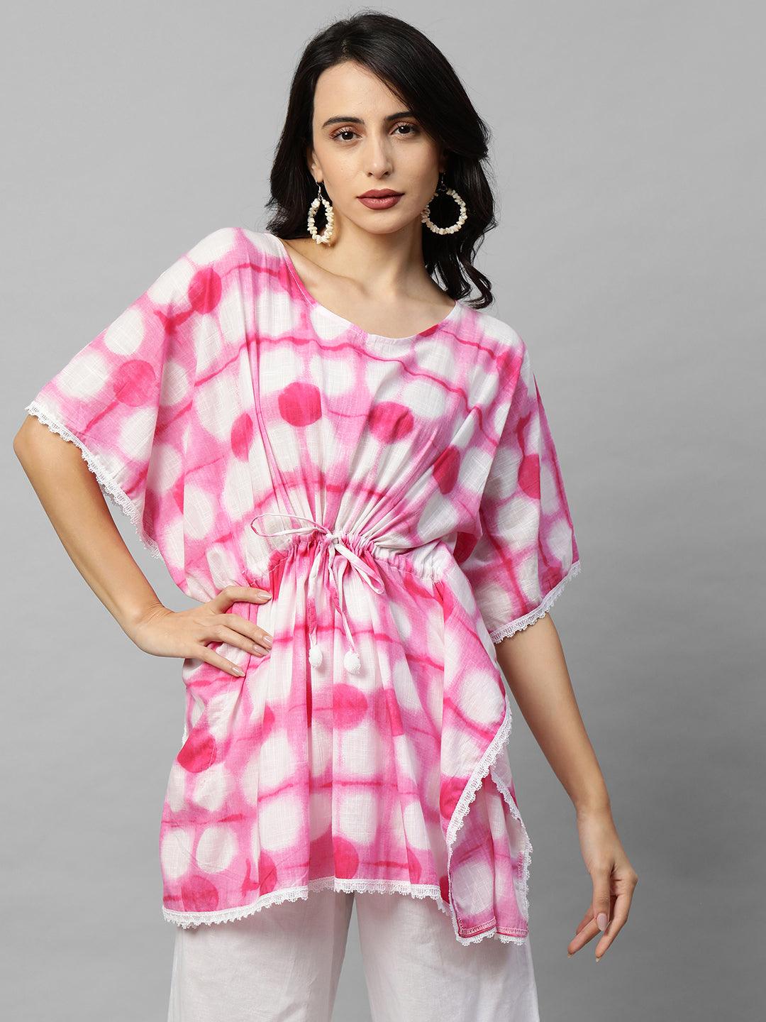 Tie-dye Printed Short Kaftan Top – Pink - Indiakreations