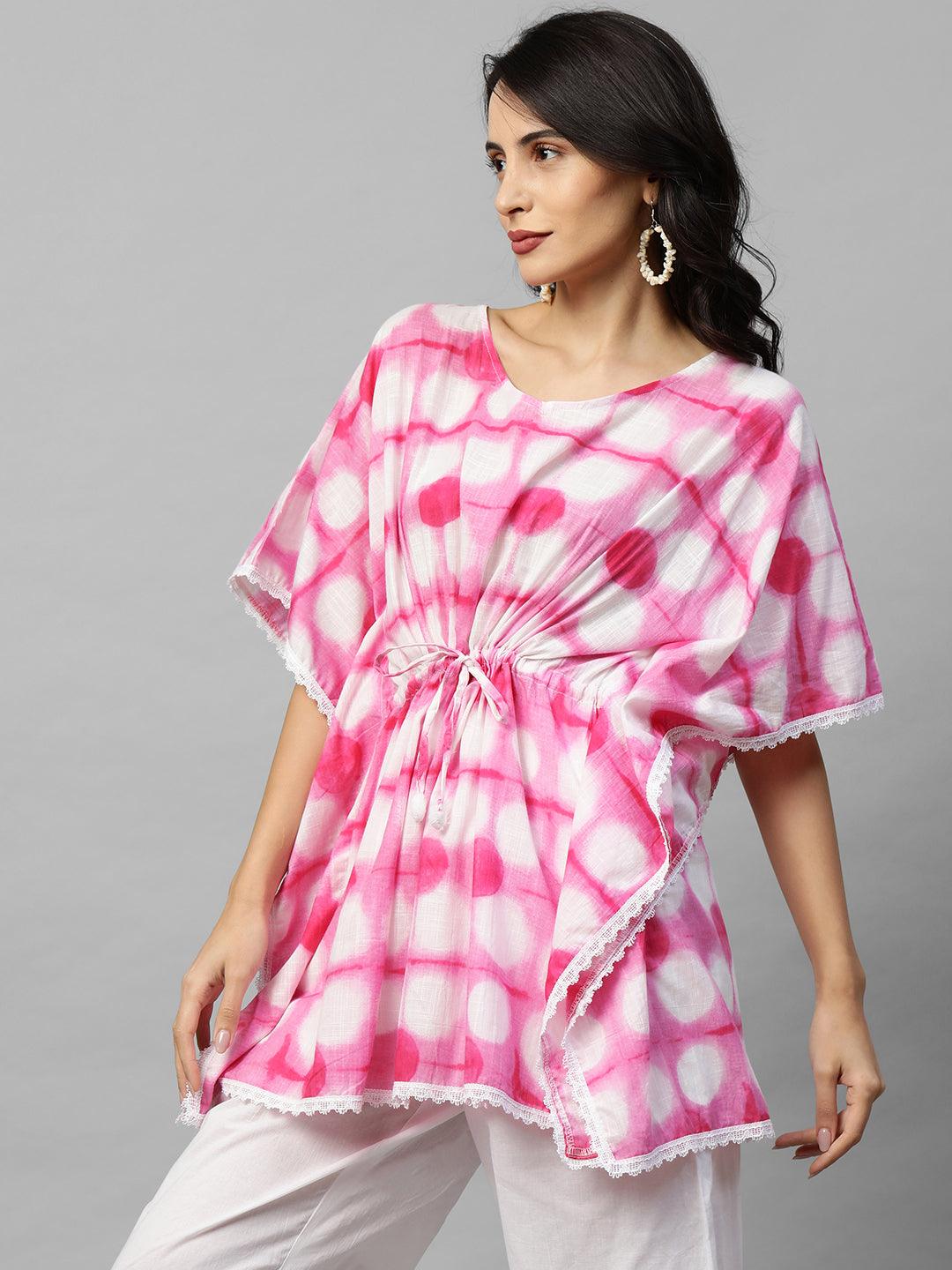 Tie-dye Printed Short Kaftan Top – Pink - Indiakreations