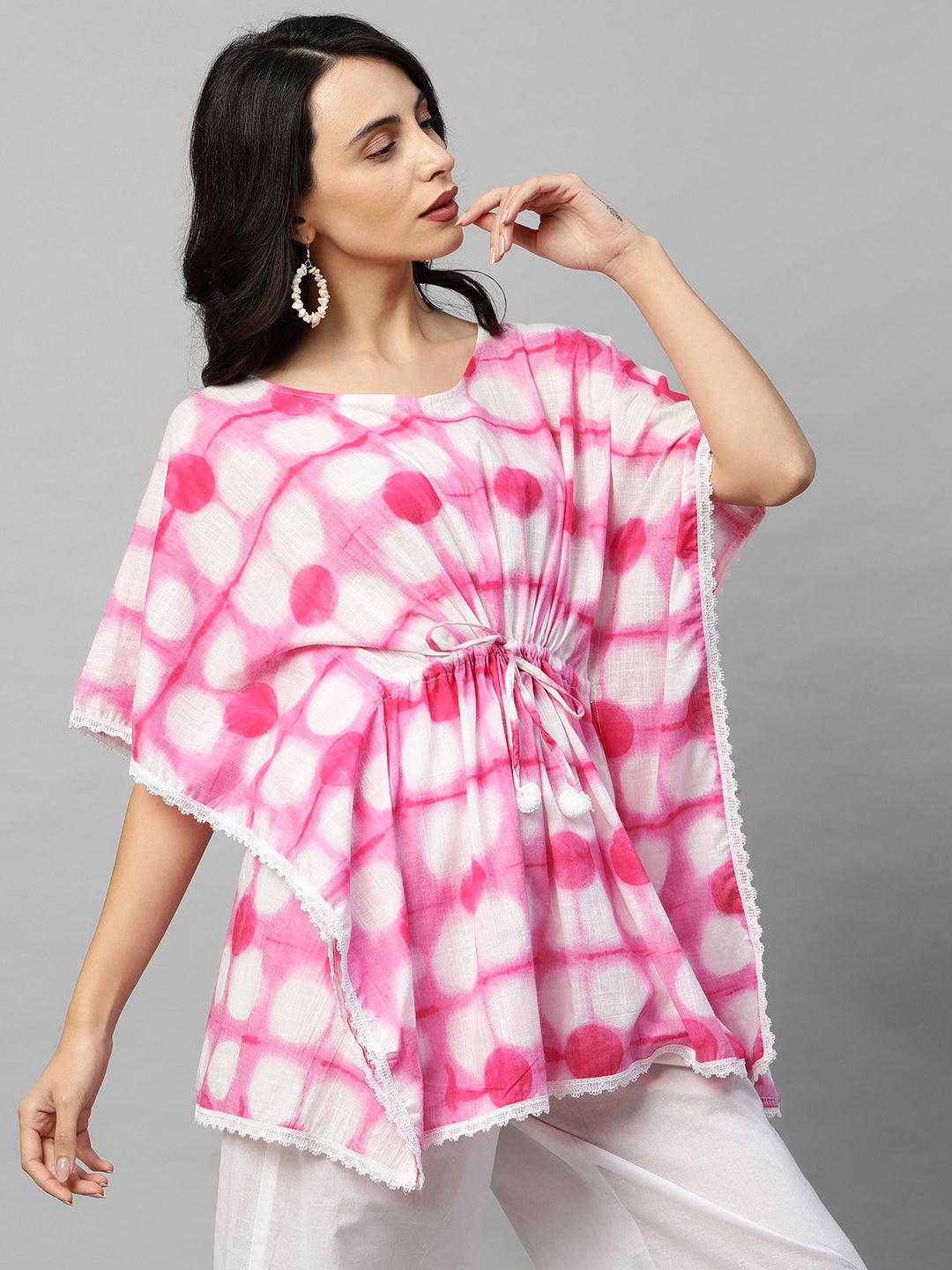 Tie-dye Printed Short Kaftan Top – Pink - Indiakreations