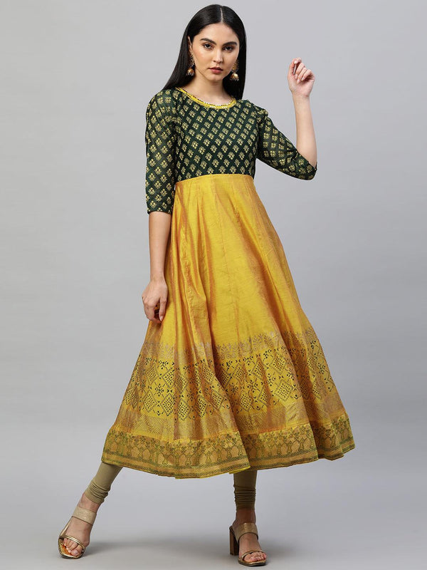 Ethnic Boota Printed Maxi Dress - Mustard - Indiakreations