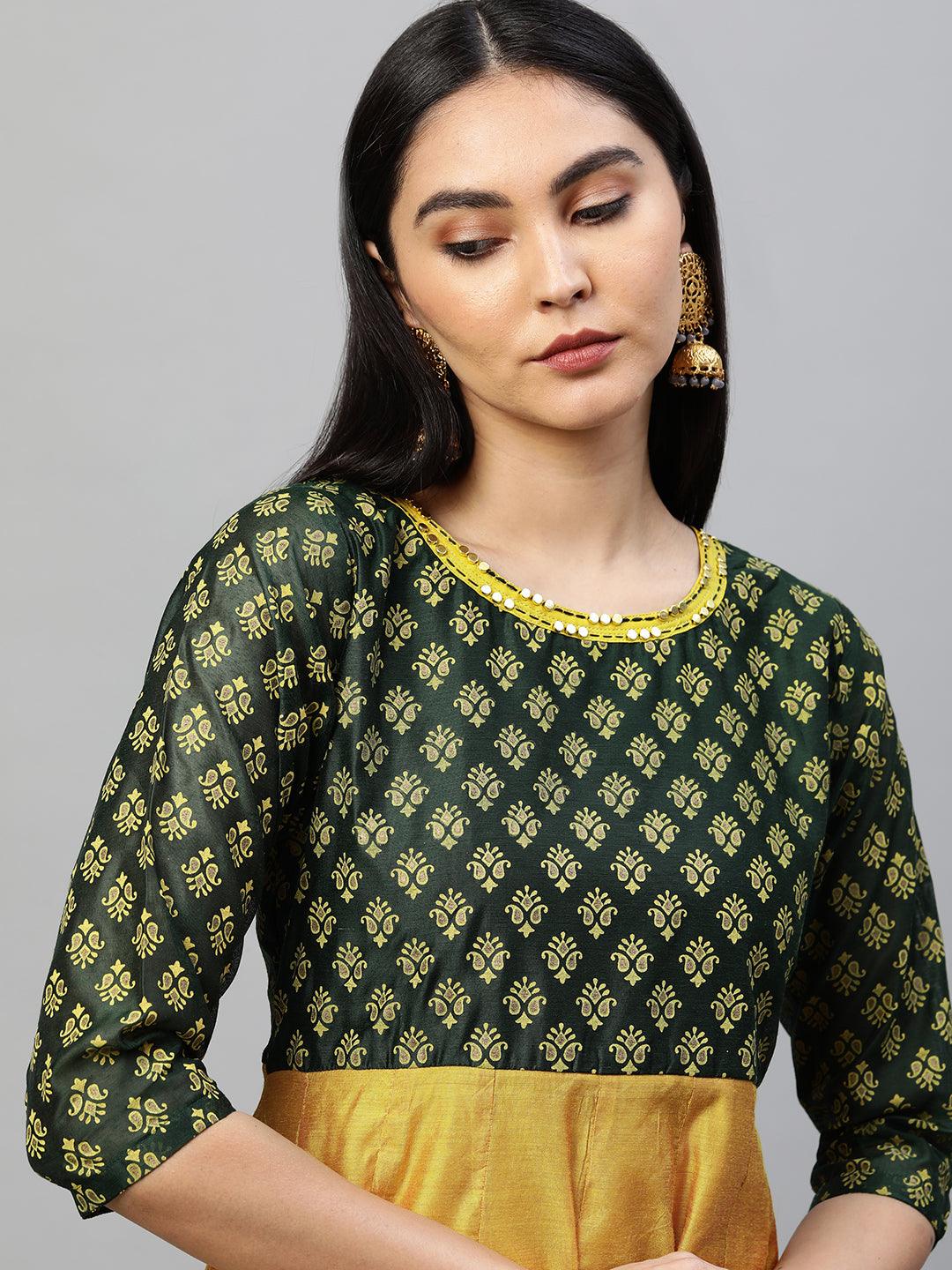 Ethnic Boota Printed Maxi Dress - Mustard - Indiakreations