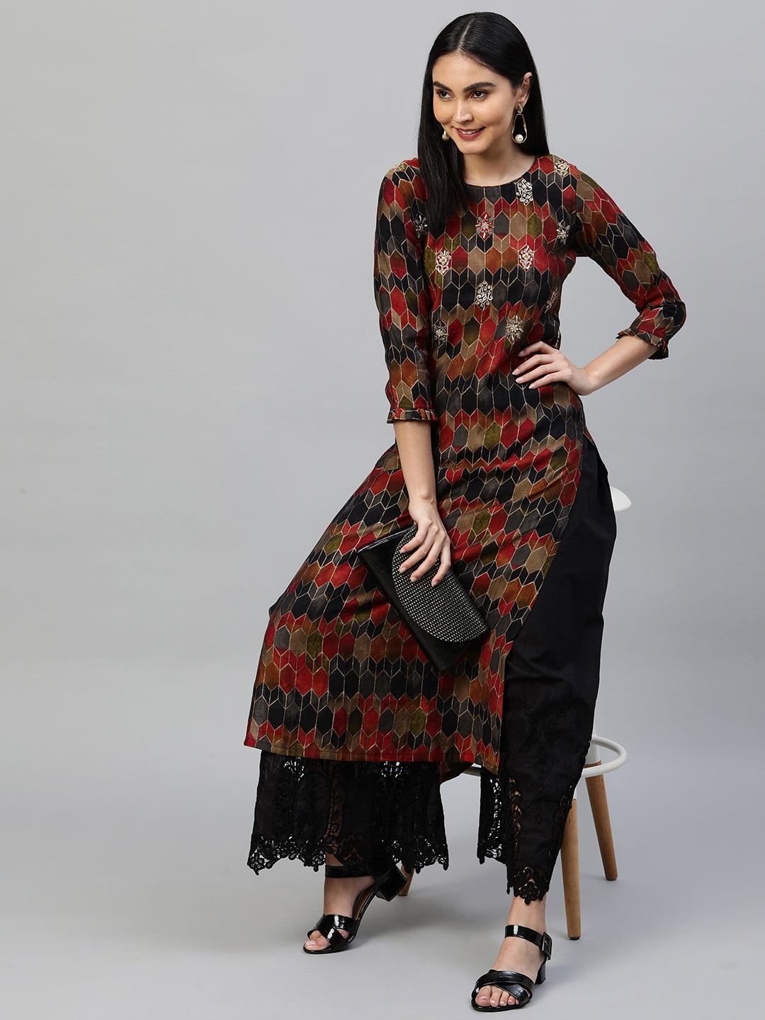 Ethnic Colorful Printed & Hand Embroidered Straight Kurta - Multi - Indiakreations