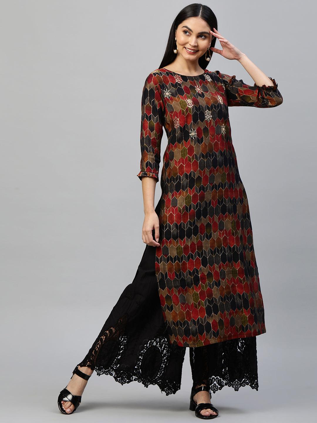 Ethnic Colorful Printed & Hand Embroidered Straight Kurta - Multi - Indiakreations