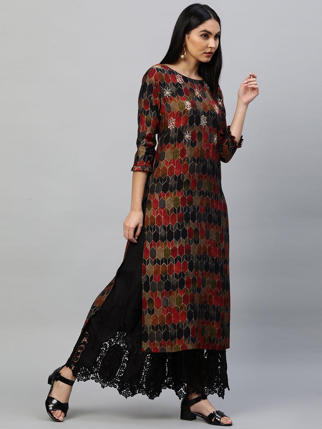 Ethnic Colorful Printed & Hand Embroidered Straight Kurta - Multi - Indiakreations