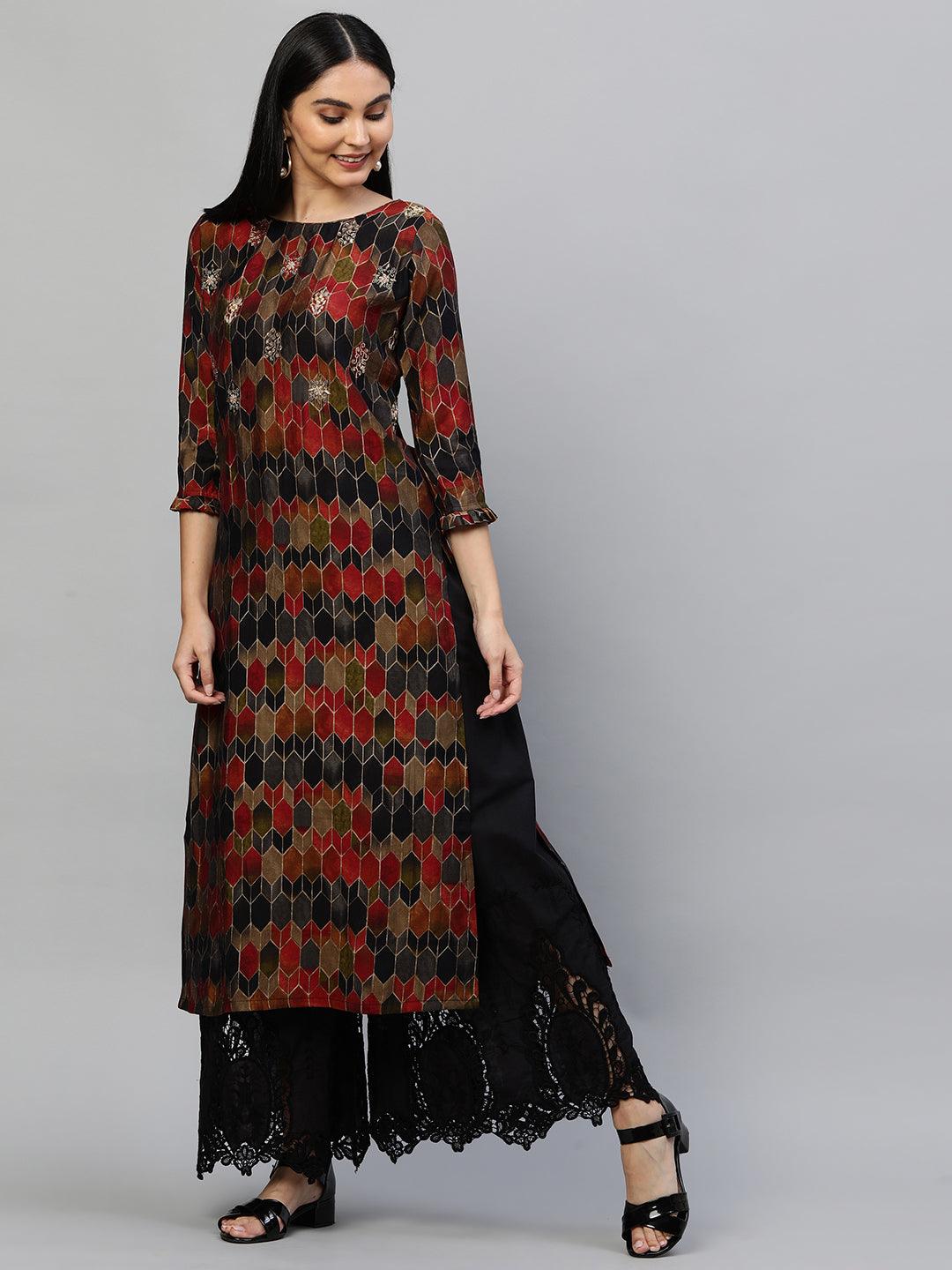 Ethnic Colorful Printed & Hand Embroidered Straight Kurta - Multi - Indiakreations